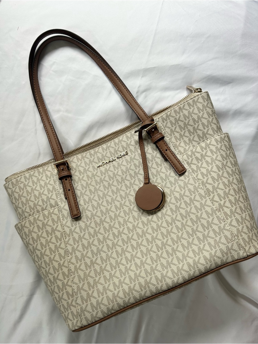 Michael Kors Cream Signature Tote with Brown Trim